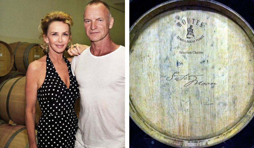 Couple posing near wine barrels, and a close-up of a barrel top with signature.