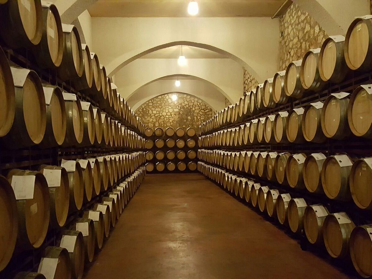 Rows of wine barrels aging in a cellar, at Bodegas Enguera