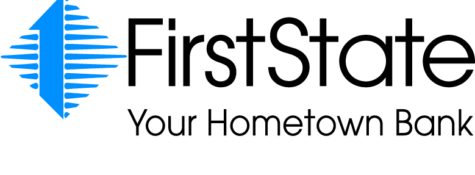 Logo for First State, Your Hometown Bank, featuring a blue arrow icon composed of horizontal lines.