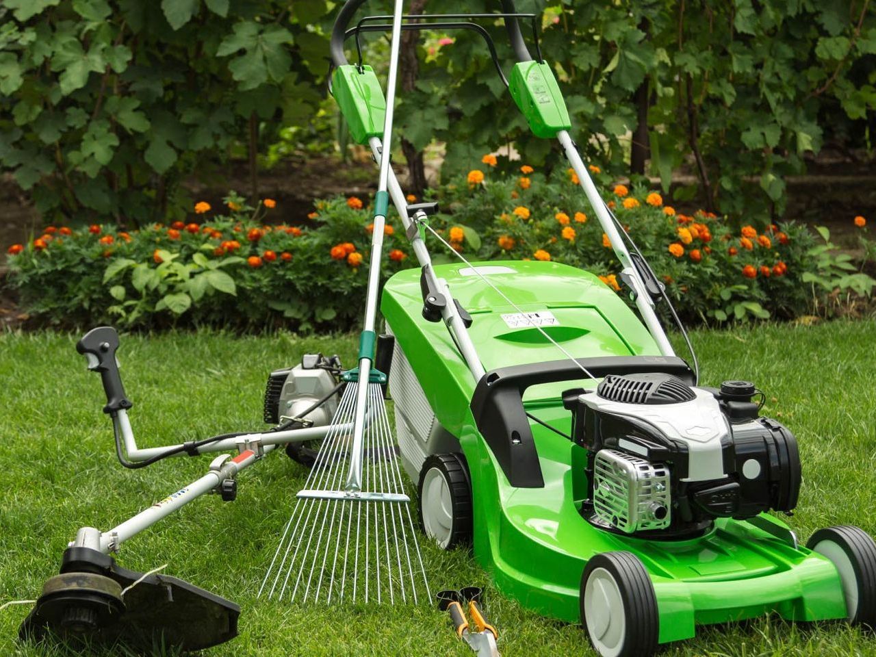 A green lawn mower is sitting on top of a lush green lawn.