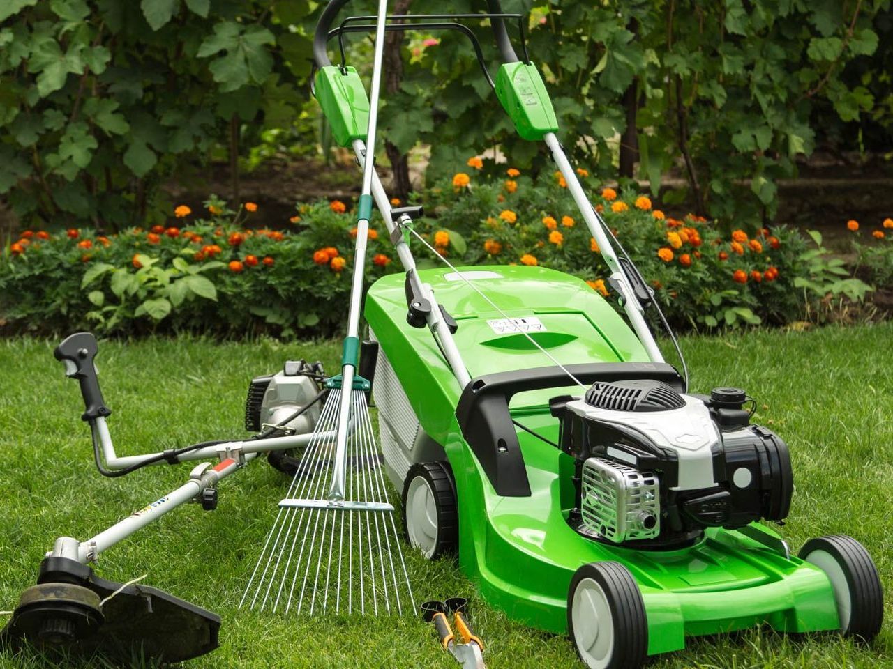 A green lawn mower is sitting on top of a lush green lawn.