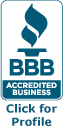 A bbb accredited business logo with a flame on top of it.