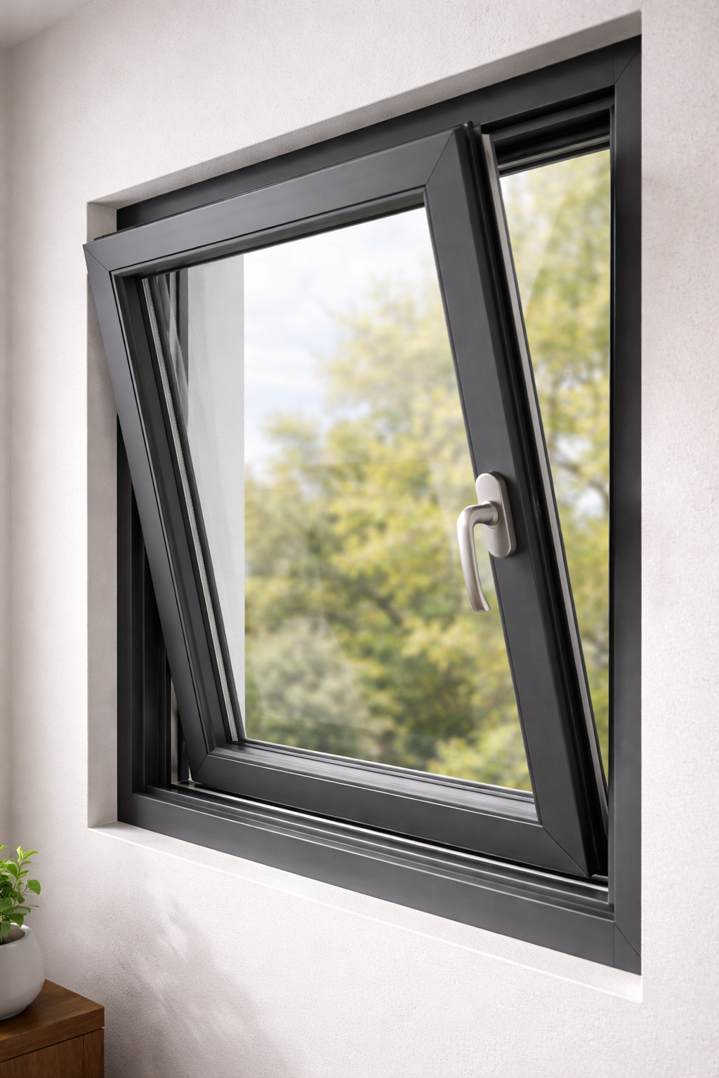 A modern, dark grey tilt-and-turn window is open at an angle, revealing a blurred view of trees outside.