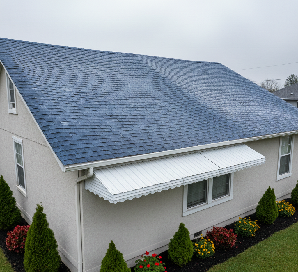 House with blue shingled roof and white awning, seen from above with landscaped shrubs and flowers