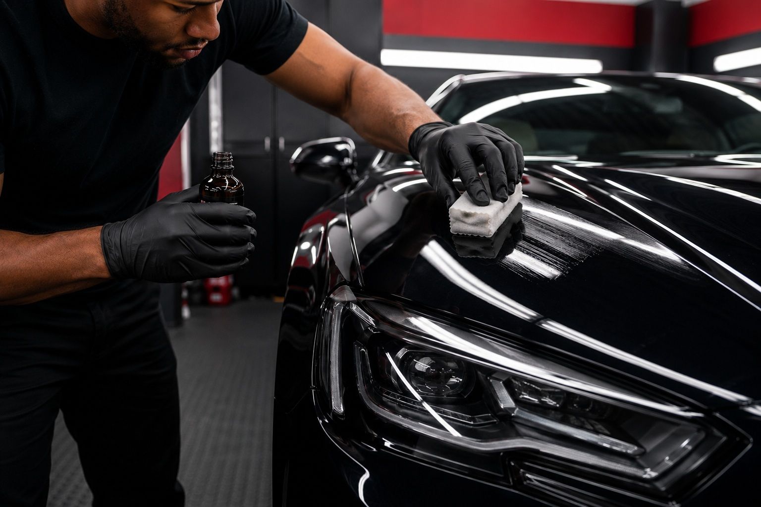 Man in black hoodie polishing the hood of a yellow sports car in a garage