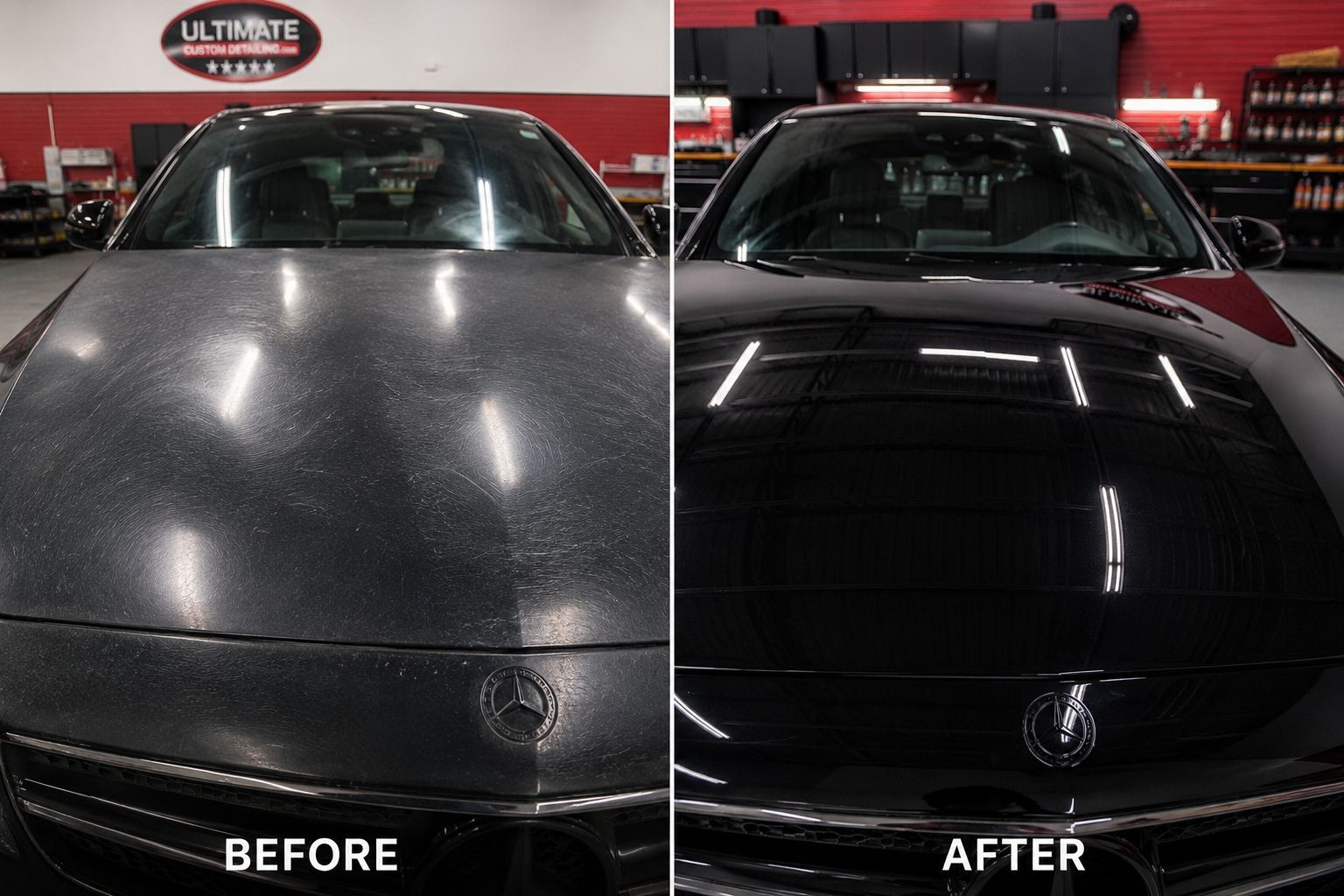 Before-and-after of a black car hood showing dull, swirled paint versus a glossy polished finish.