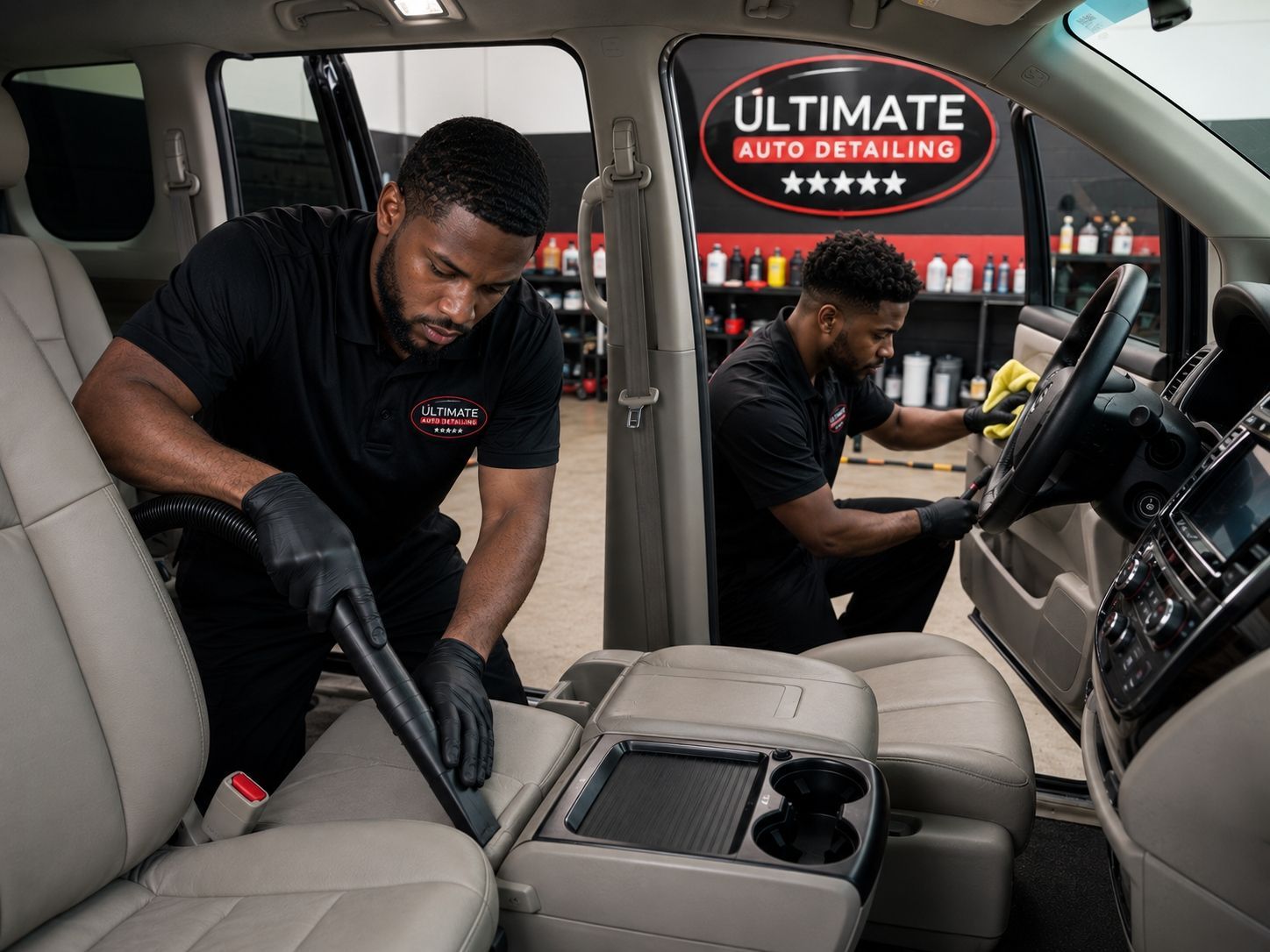 Auto detailer vacuuming a beige car interior in a shop, with Ultimate Auto Detailing signage visible.