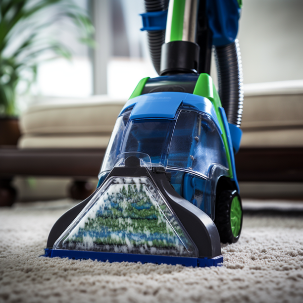 A vacuum cleaner is cleaning a carpet in a living room