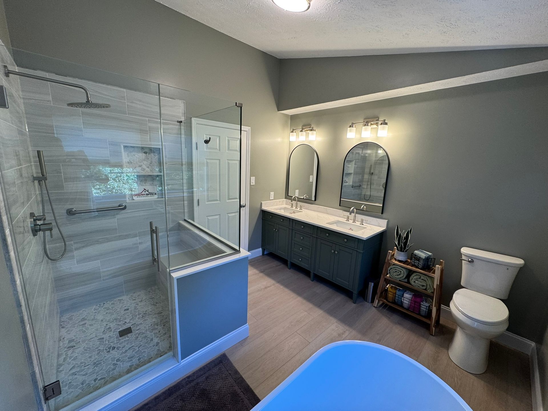 Luxury master bathroom with James Martin double vanity, freestanding tub, and custom glass shower – Columbia MD