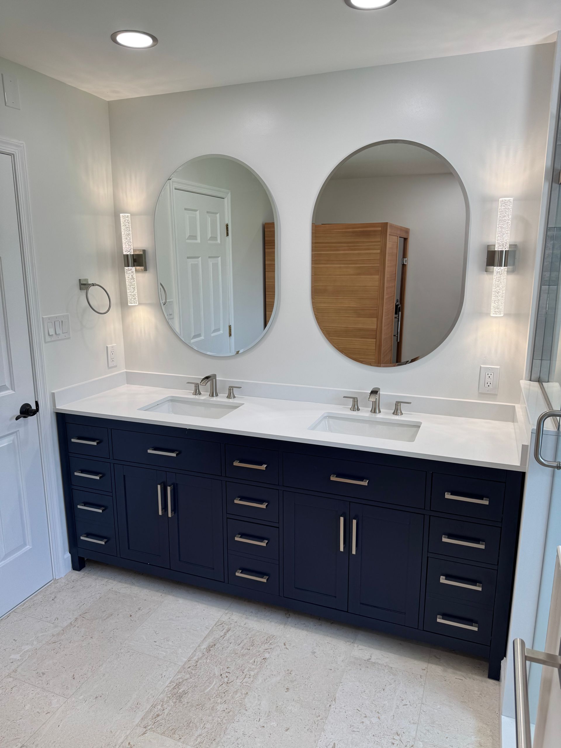 Navy Blue Double Vanity with Quartz countertops  