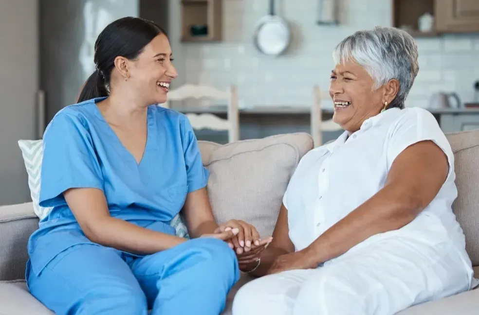 Senior and companion chatting