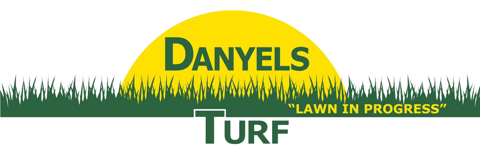 Logo for Danyels Turf. Yellow sun shape, green text and grass graphic.