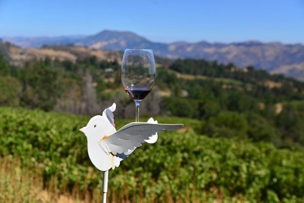 A windmill with a glass of wine on it in a vineyard.