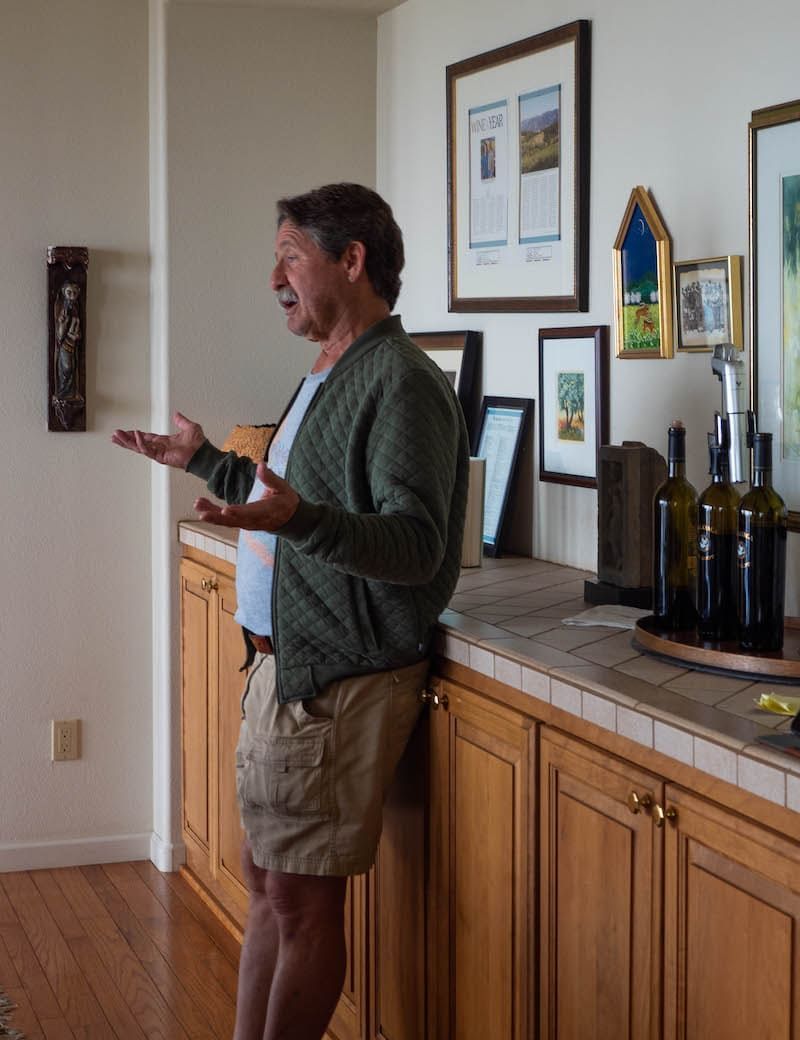 A man in a green sweater is standing in a kitchen