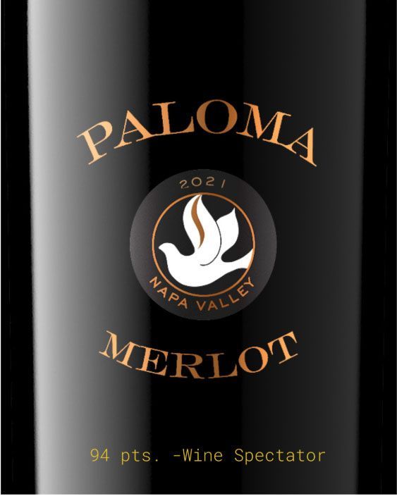 Paloma Vineyard wines 2021 Merlot bottle label showing Napa Valley award winning wines and Wine Spectator rating