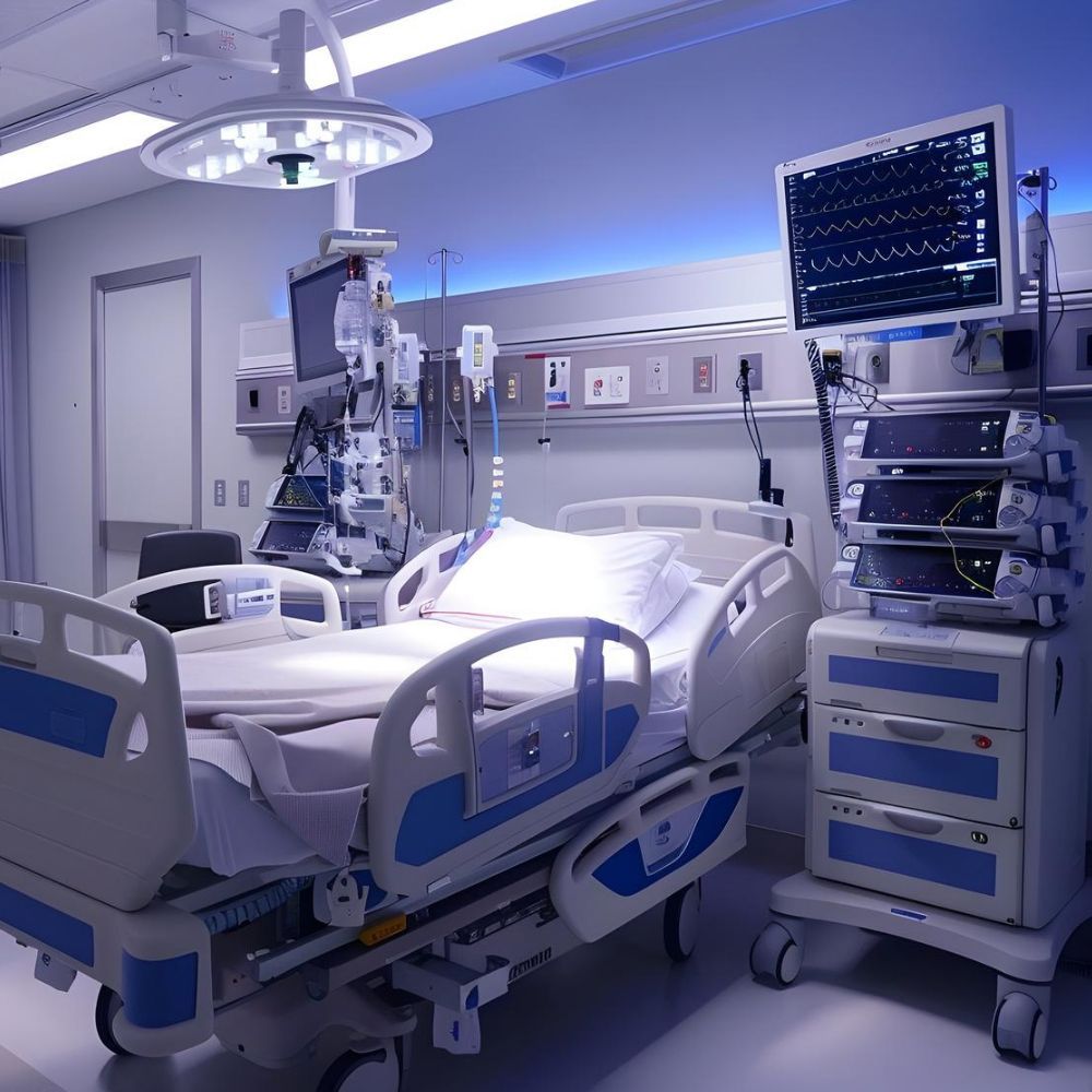 Modern critical care room equipped with hospital beds, patient monitors, and medical equipment.