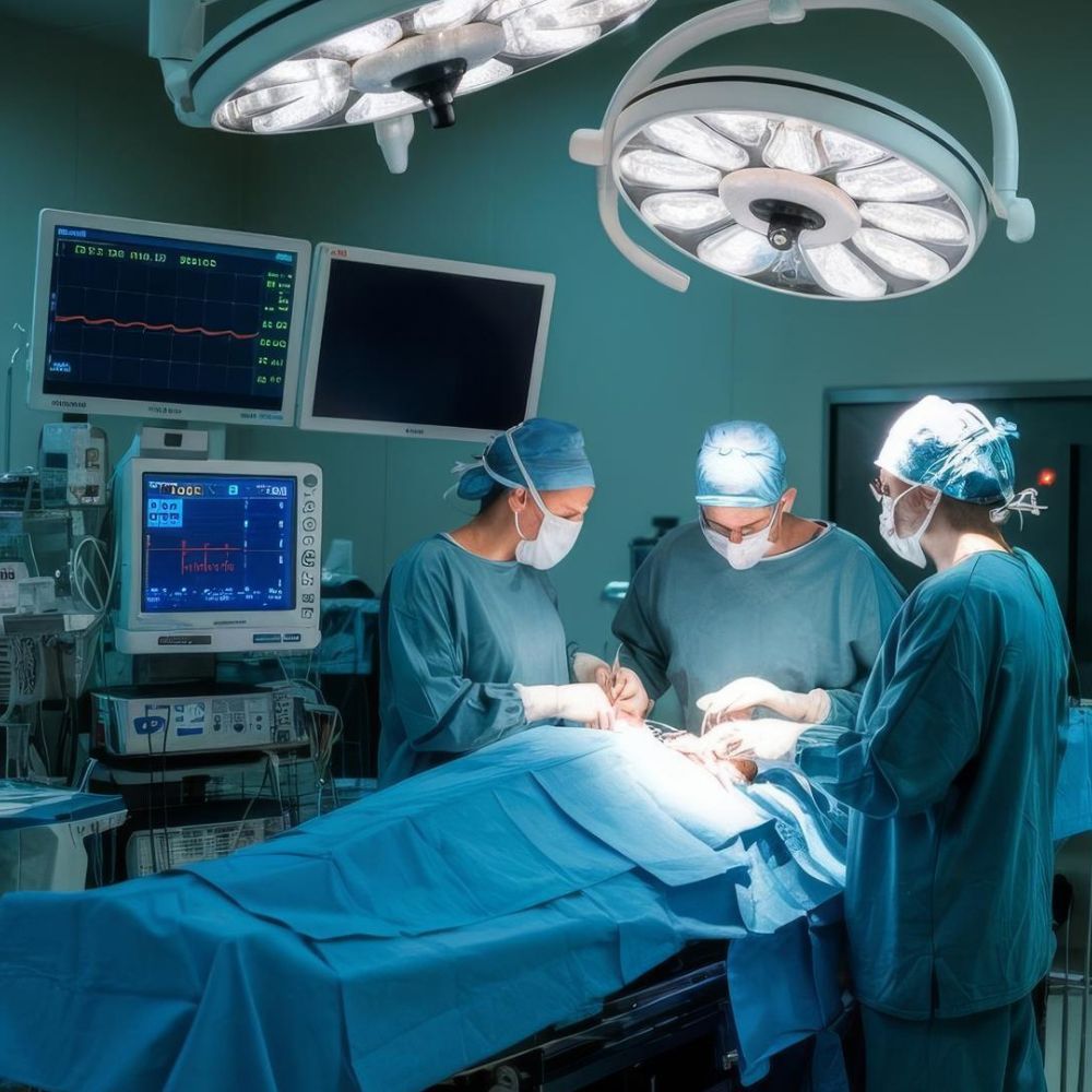 Surgeons performing an emergency operation in a fully equipped operating theater.