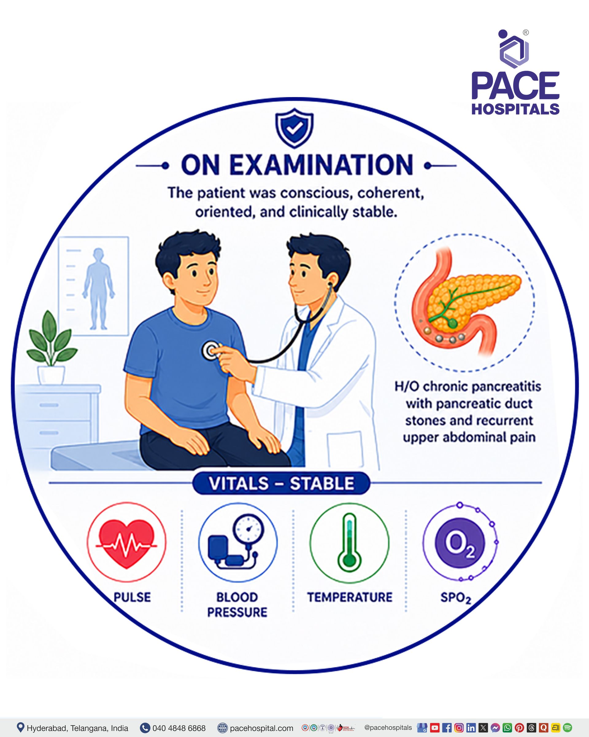 Clinical examination with stable vital signs. Patient with chronic pancreatitis and pancreatic duct stones undergoing clinical examination.