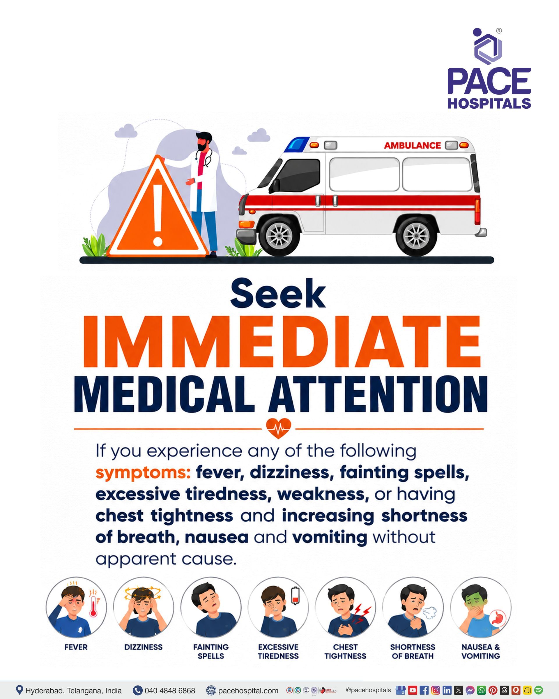 Warning symptoms that require immediate medical attention. Seek immediate medical attention for fever, dizziness, fainting, weakness, chest tightness, breathlessness, nausea and vomiting.