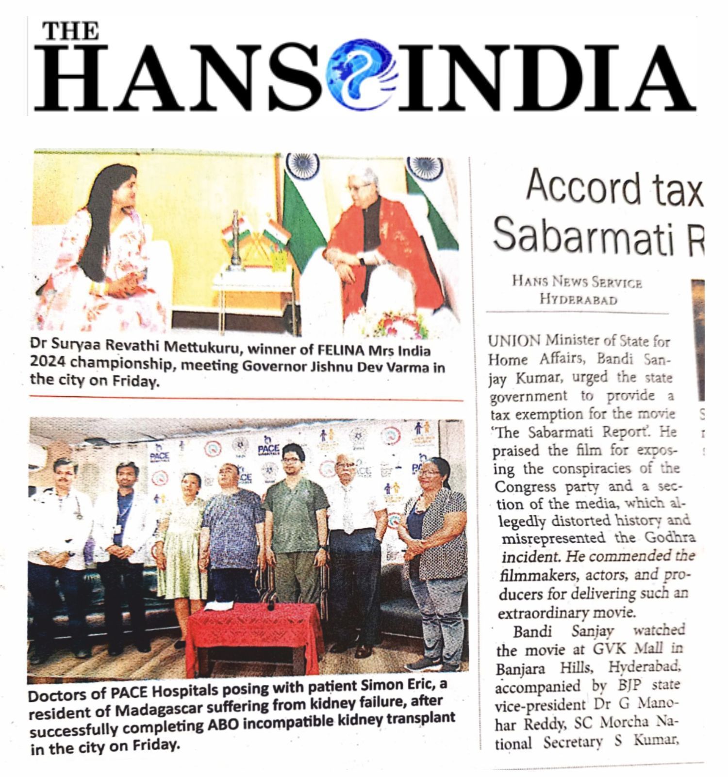 The Hans India newspaper coverage of ABO incompatible kidney transplant at PACE Hospitals Hyderabad