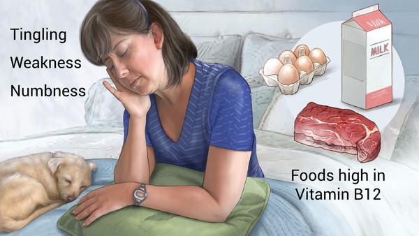 Woman resting on bed due to Vitamin B12 deficiency Women on the bed experiencing weakness from Vitamin B12 deficiency
