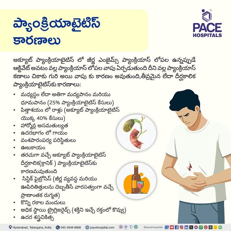 Pancreatitis causes in Telugu Acute Pancreatitis causes in Telugu | తెలుగులో తీవ్రమైన ప్యాంక్రియాటైటిస్ కారణమవుతుంది |
ప్యాంక్రియాటిక్ క్యాన్సర్కు కారణం ఏమిటి | what causes pancreatic cancer | Causes of pancreatitis in Telugu |
తెలుగులో ప్యాంక్రియాటైటిస్ కారణాలు | An illustration showing the triggers of pancreatitis in Telugu, accompanied by a person experiencing the pain associated with the pancreatitis.