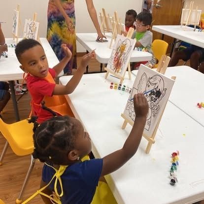 A group of children are sitting at tables painting on easels