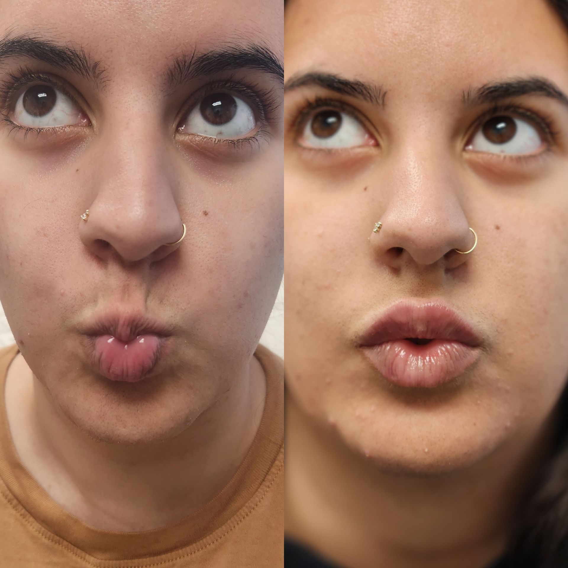A close up of a woman 's face with a nose ring