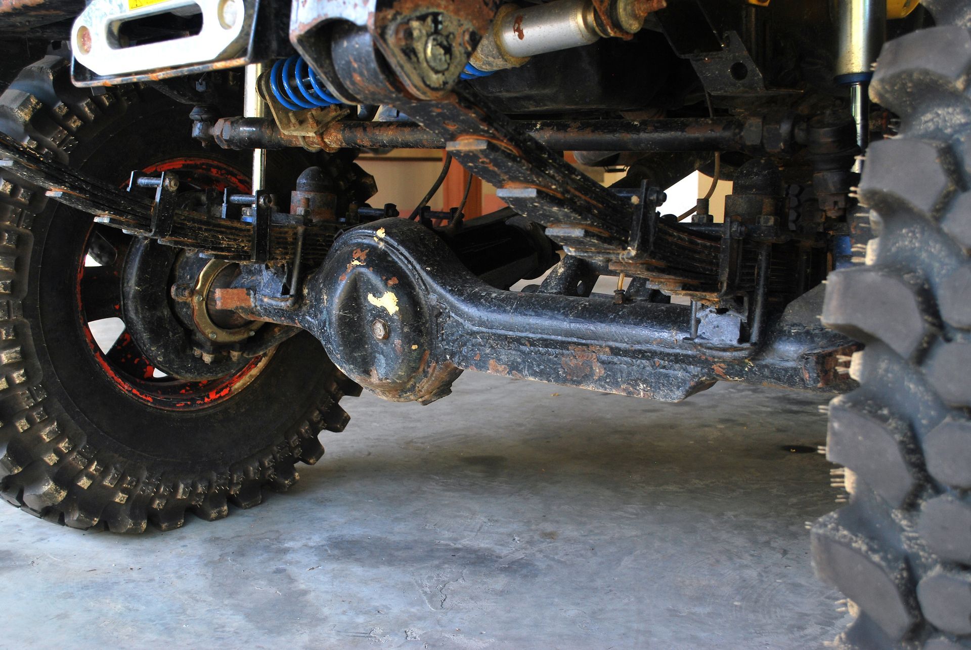 A close up of a suspension system on a vehicle