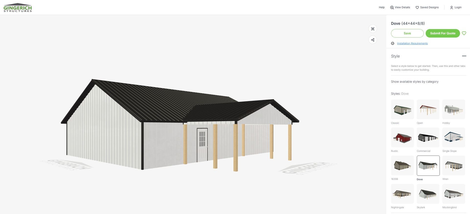 A house with white siding, black roof, and a porch with tan columns.