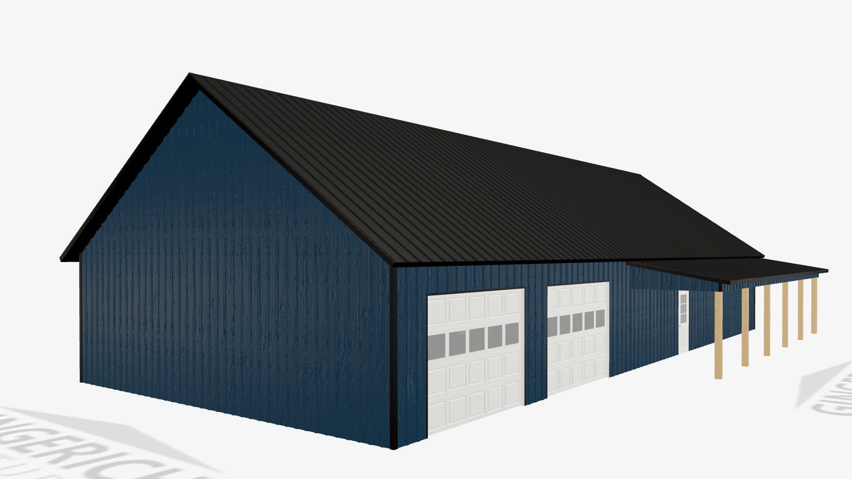 Blue and black barn-style building with white garage doors and a covered porch.