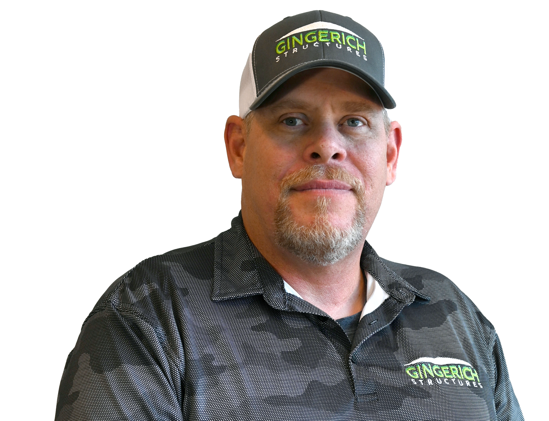 Man wearing a cap and patterned shirt with the company logo.