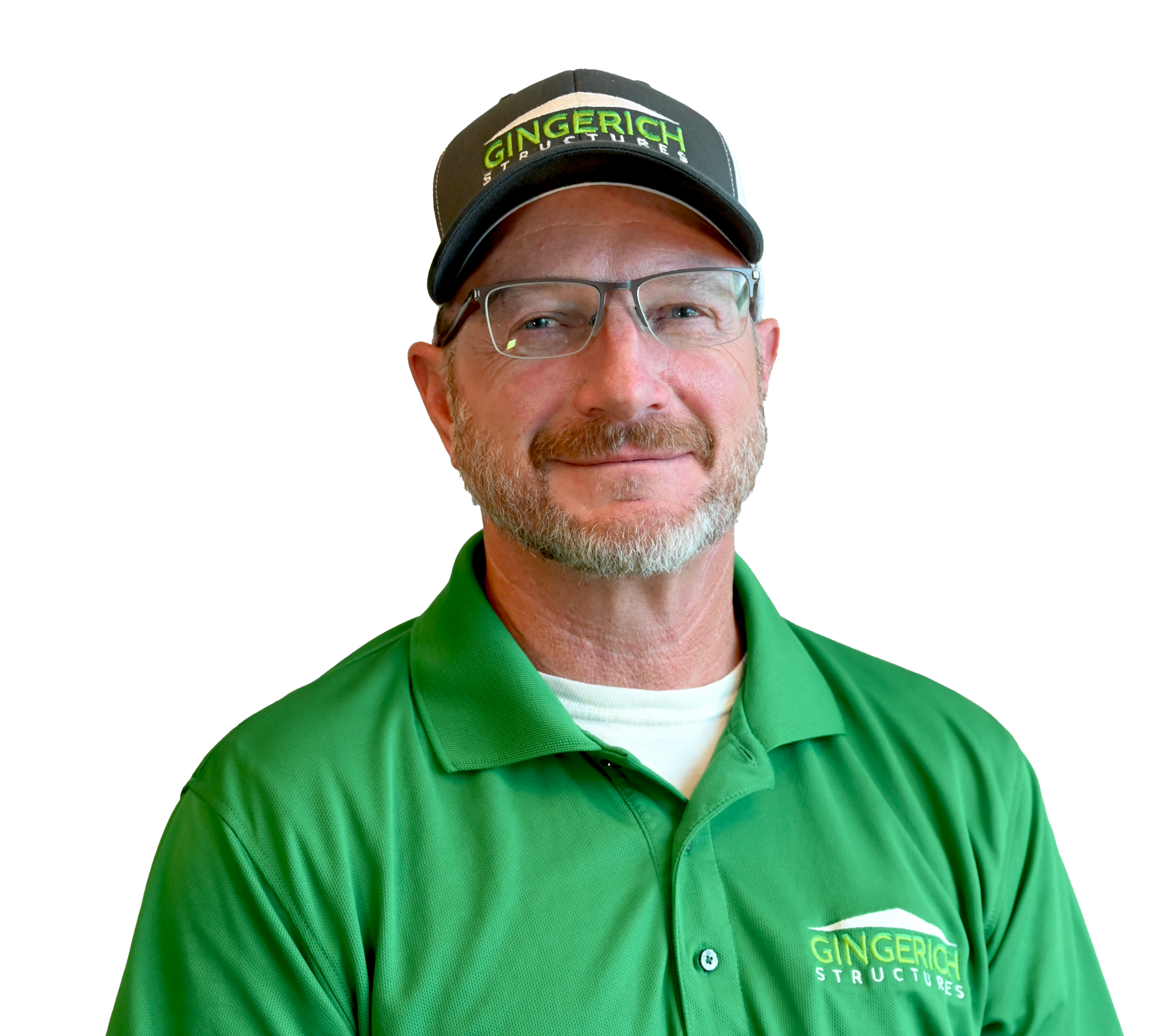 Man in green shirt and hat smiling, Gingerich Structures logo visible.