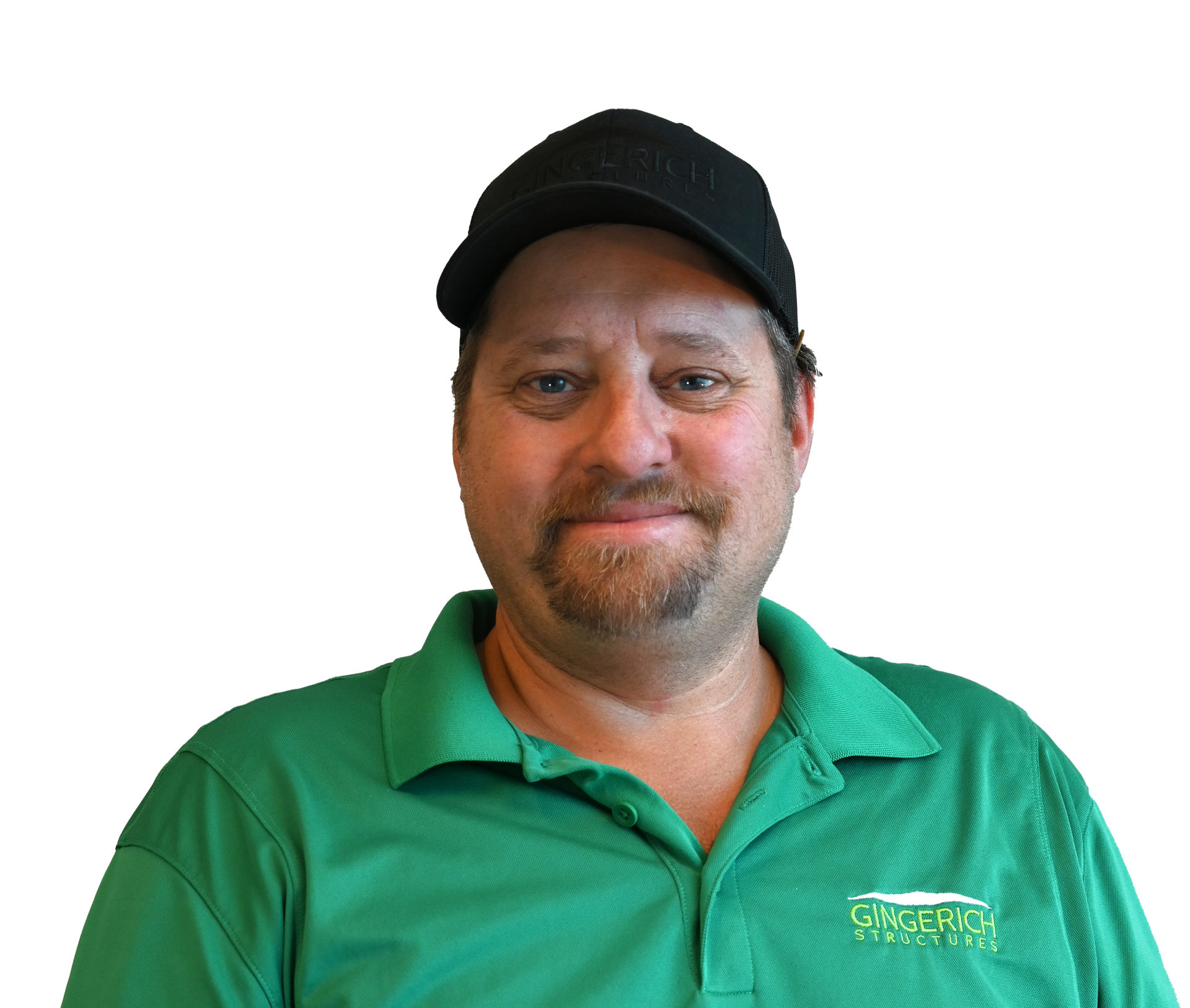 A person in a black cap and green collared shirt with a small logo, centered against a plain white background.