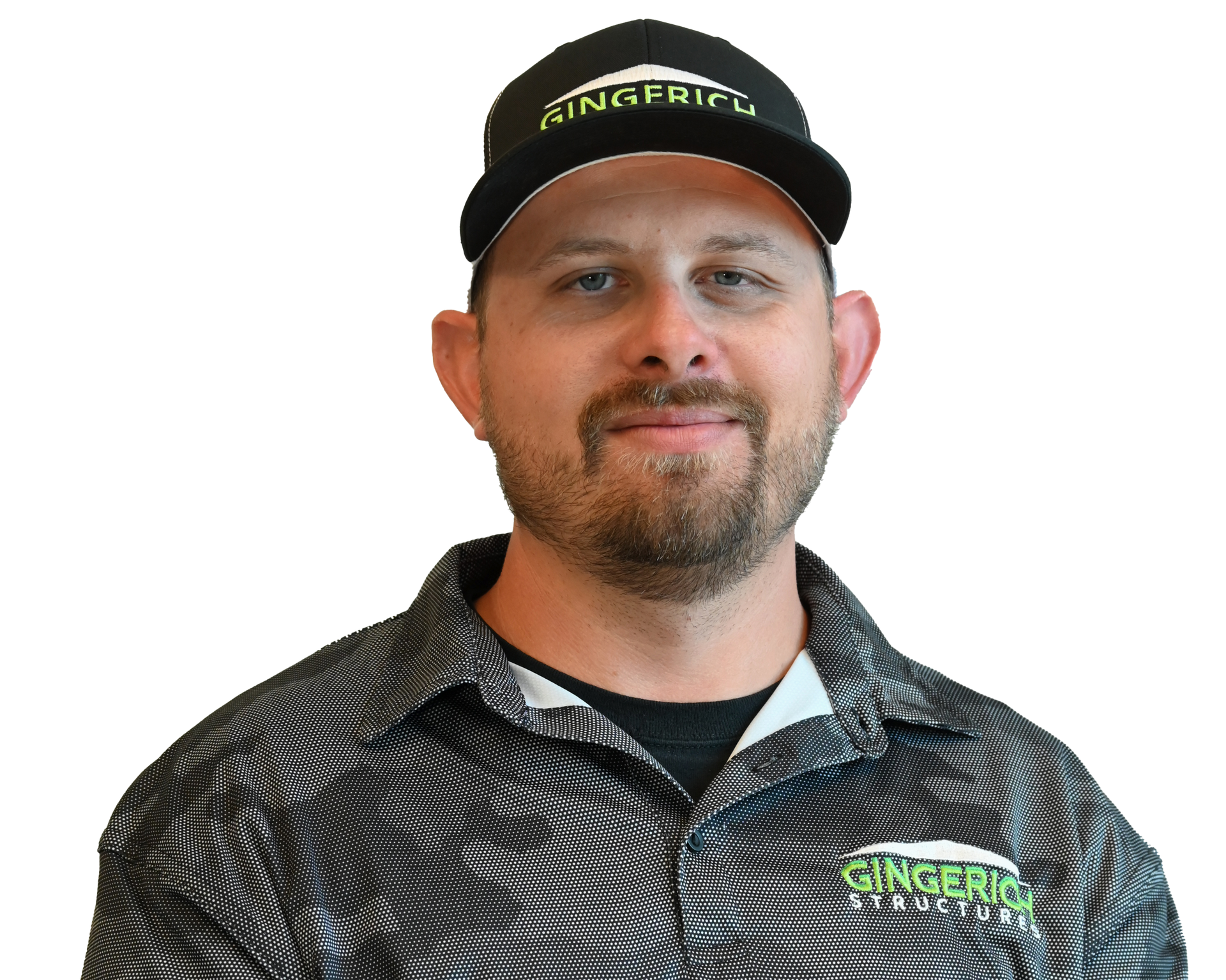 A man with a goatee wearing a black hat and patterned polo shirt featuring the Gingerich Structures logo.