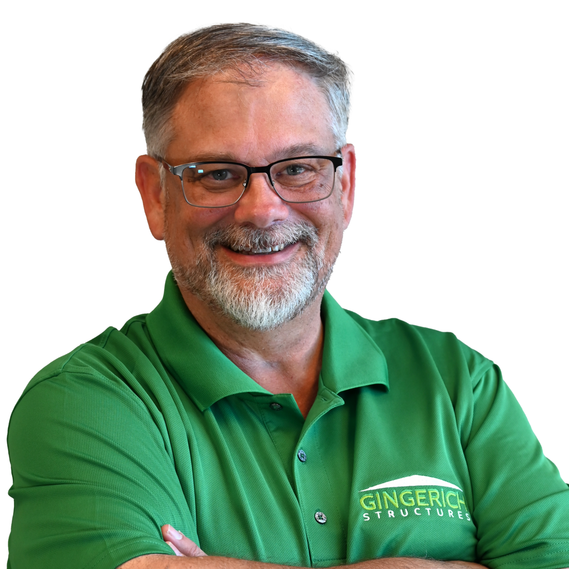 Man with glasses and beard in a green shirt, arms crossed, smiling.