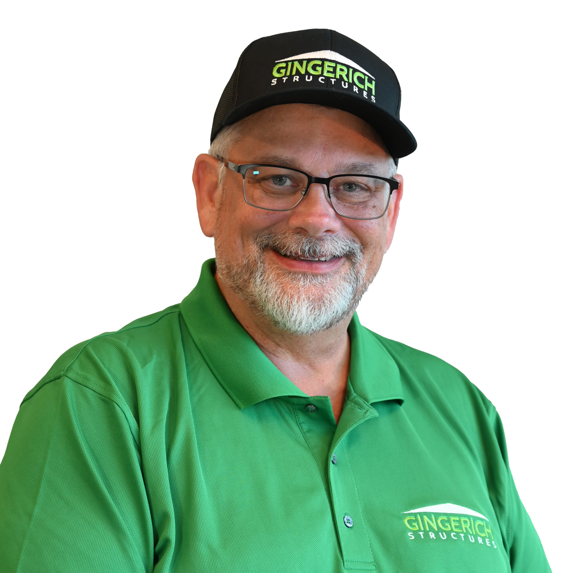Man in green shirt and black hat smiling, with logo