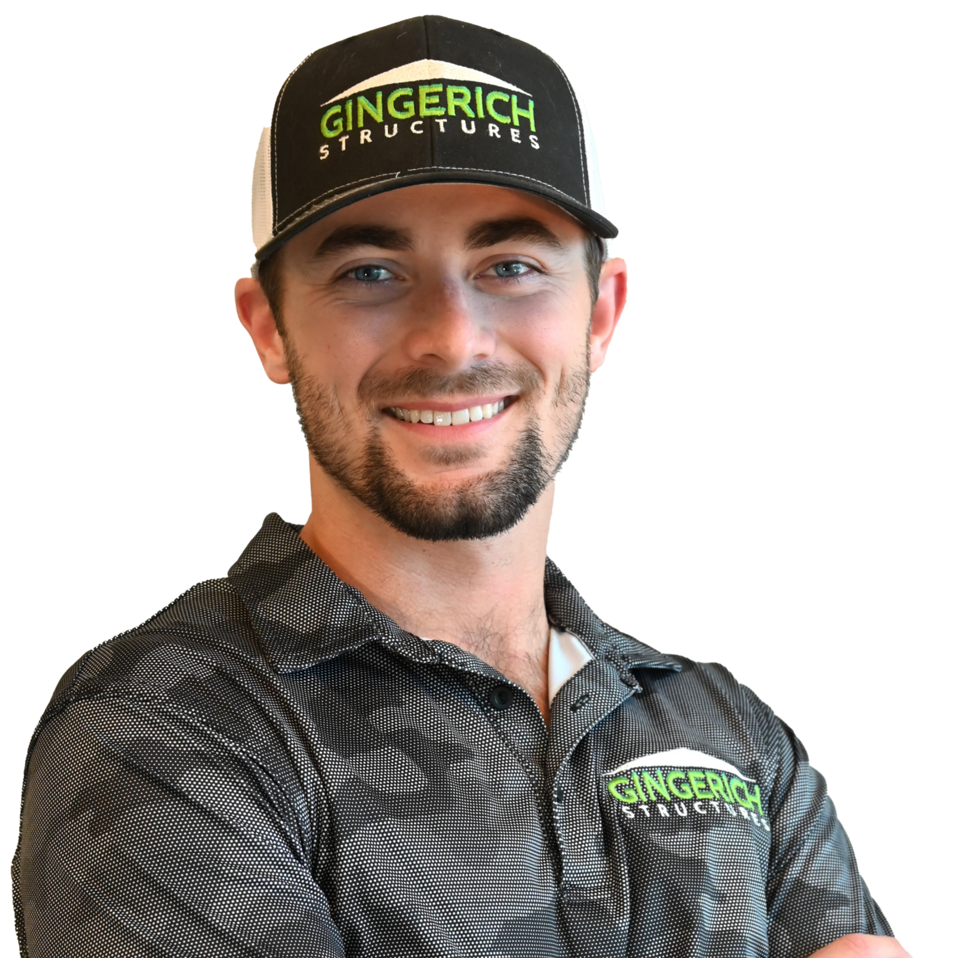Man wearing a hat and polo with Gingerich Structures logo, smiling, arms crossed.