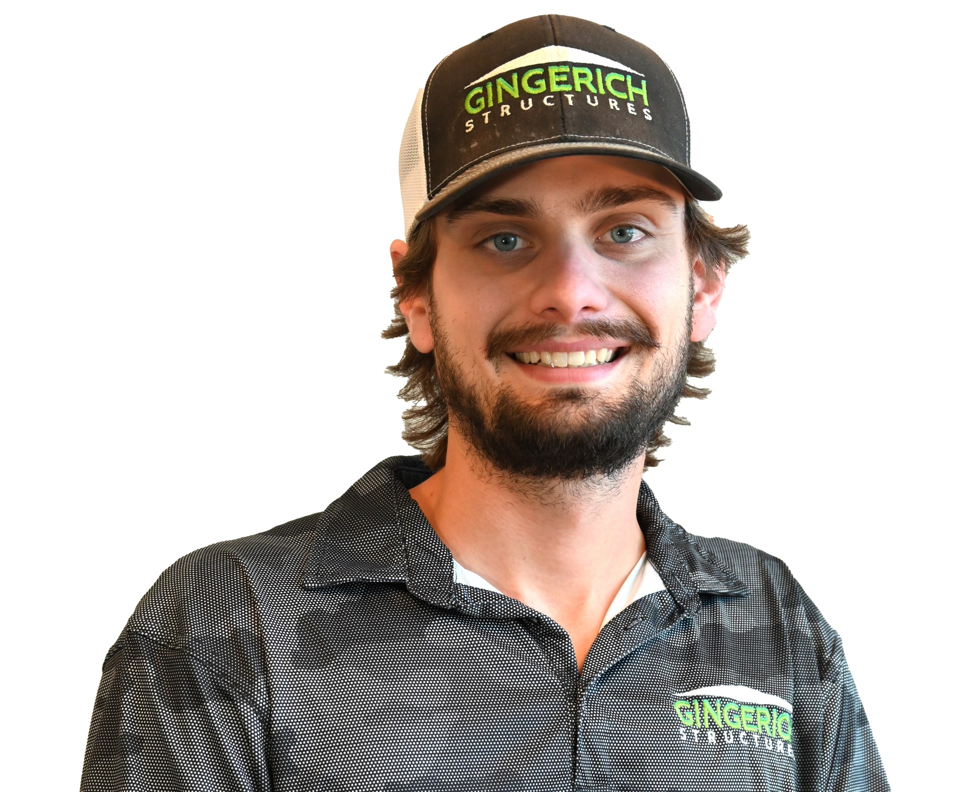 A smiling person wears a black and white baseball cap and a textured grey polo shirt with the Gingerich Structures logo.