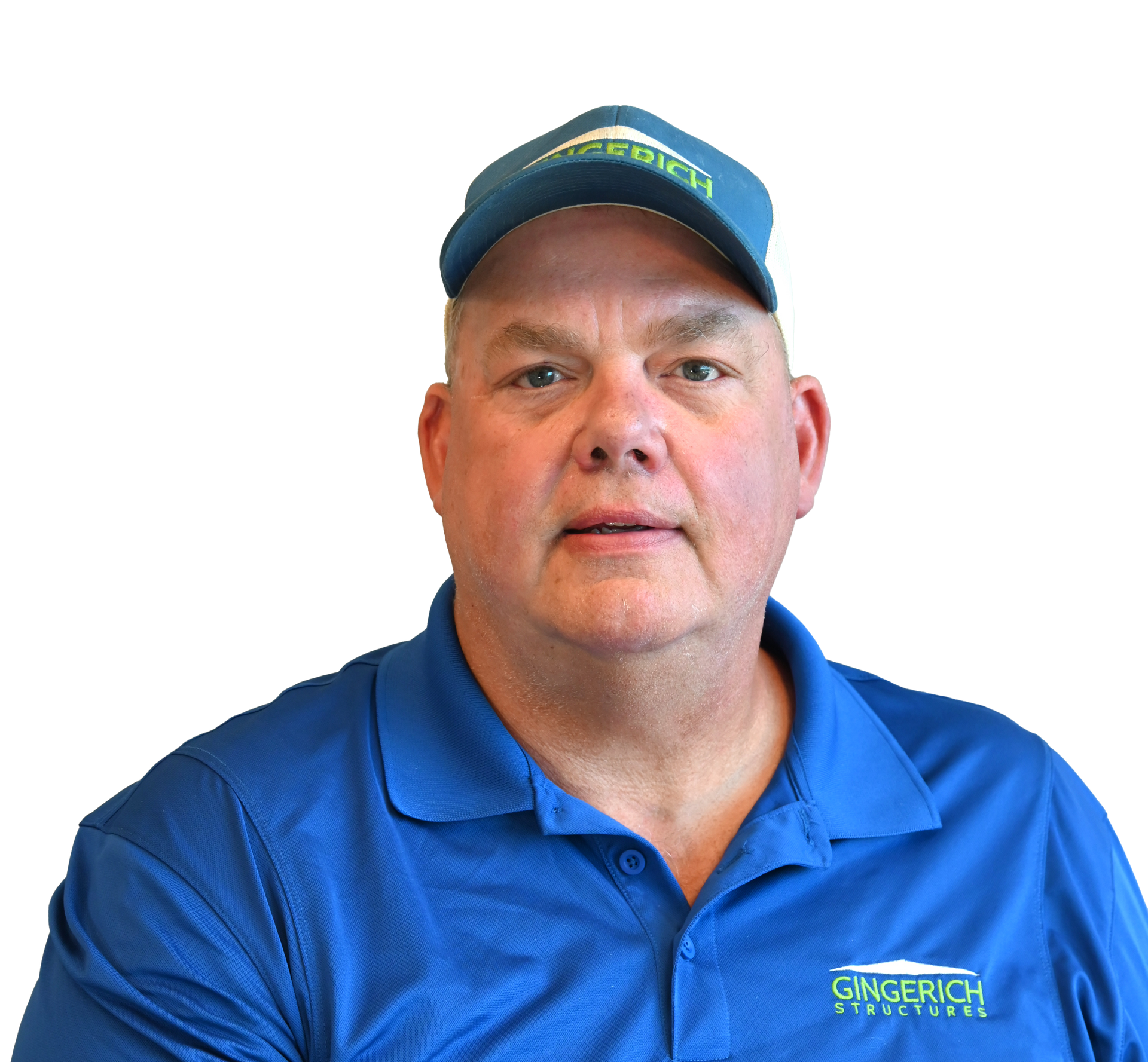 Man wearing blue hat and polo shirt with company logo.