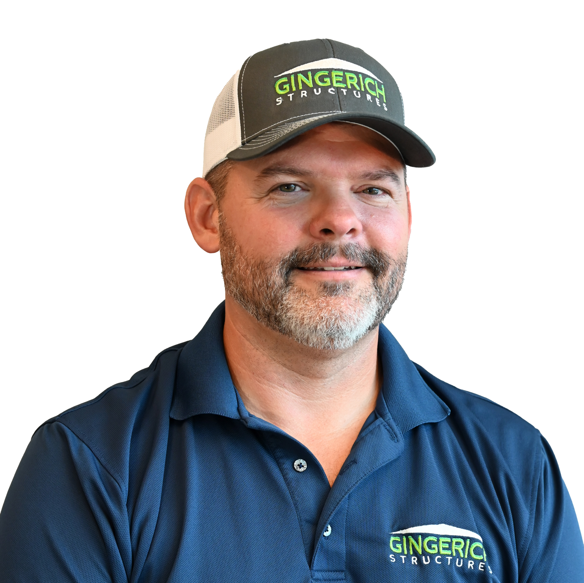 Man in green shirt and hat smiling, Gingerich Structures logo visible.