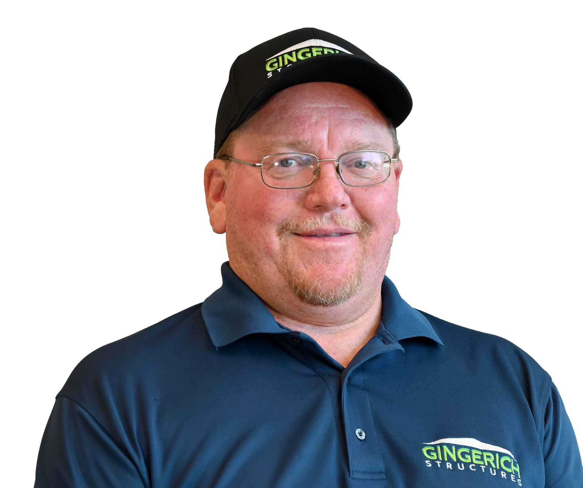 Man wearing a cap and patterned shirt with the company logo.