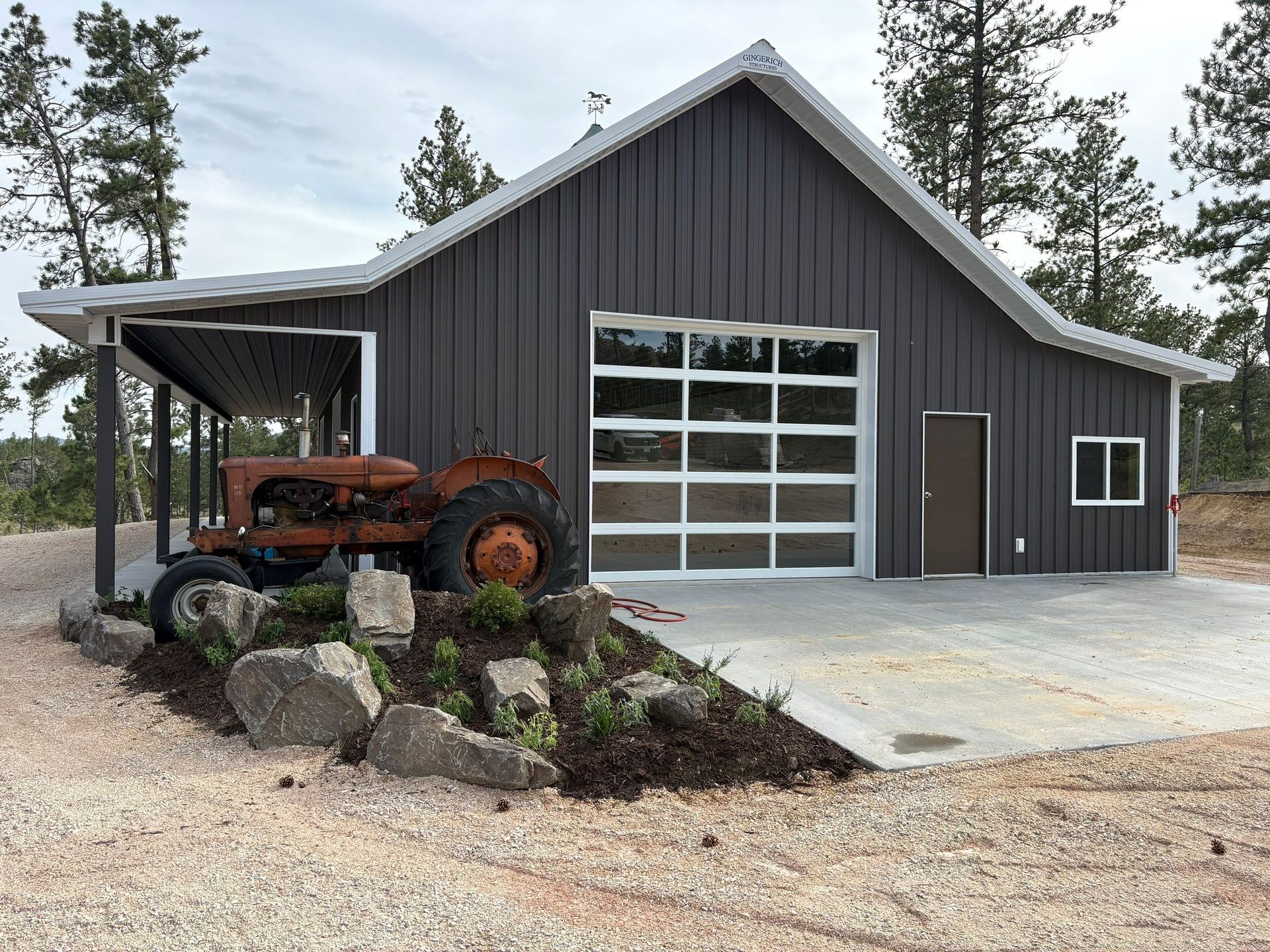 Post Frame Shop and Garage with Antique Tractor in front
