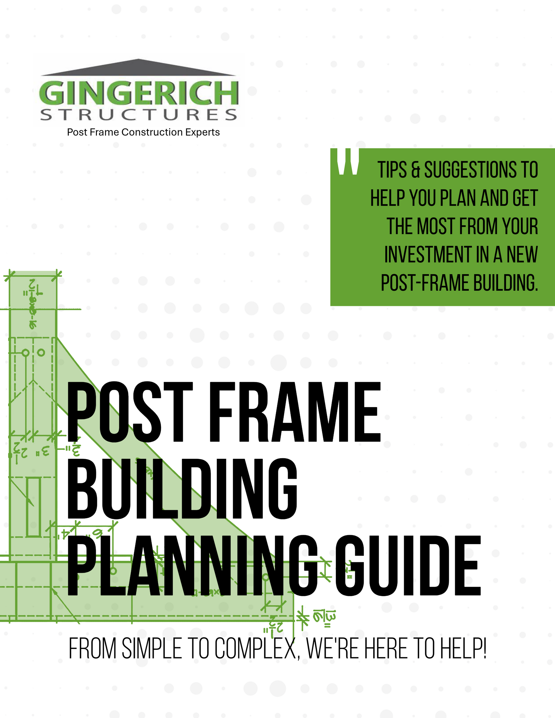 Cover of a post-frame building planning guide. Green and white text with building design illustrations.