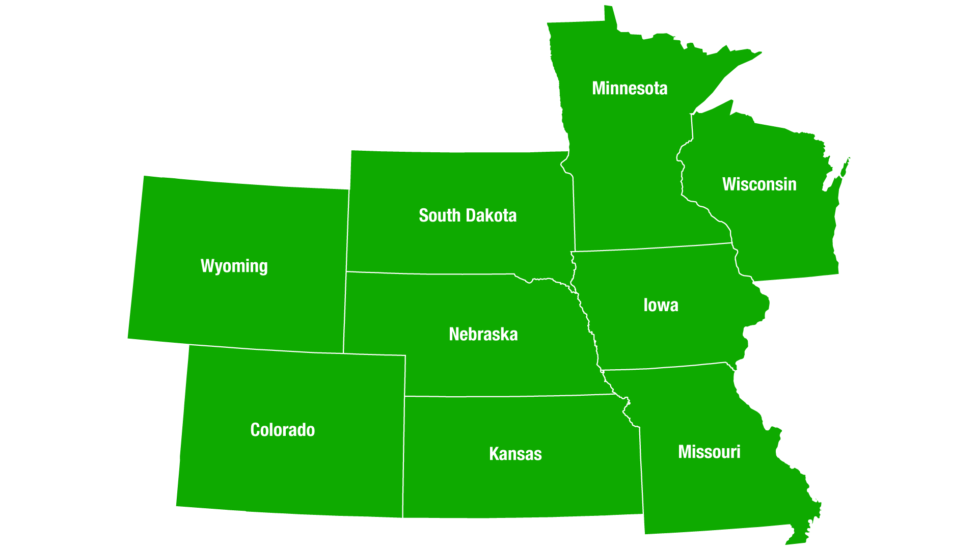 US Map colored green, Including: Wyoming, Colorado, Kansas, Nebraska, South Dakota, Iowa, Missouri, Wisconsin, & Minnesota.