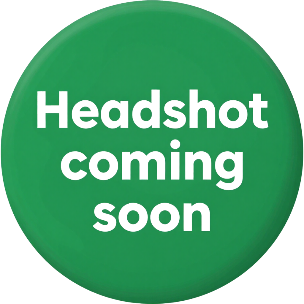 Green circle with white text reading “Headshot coming soon”