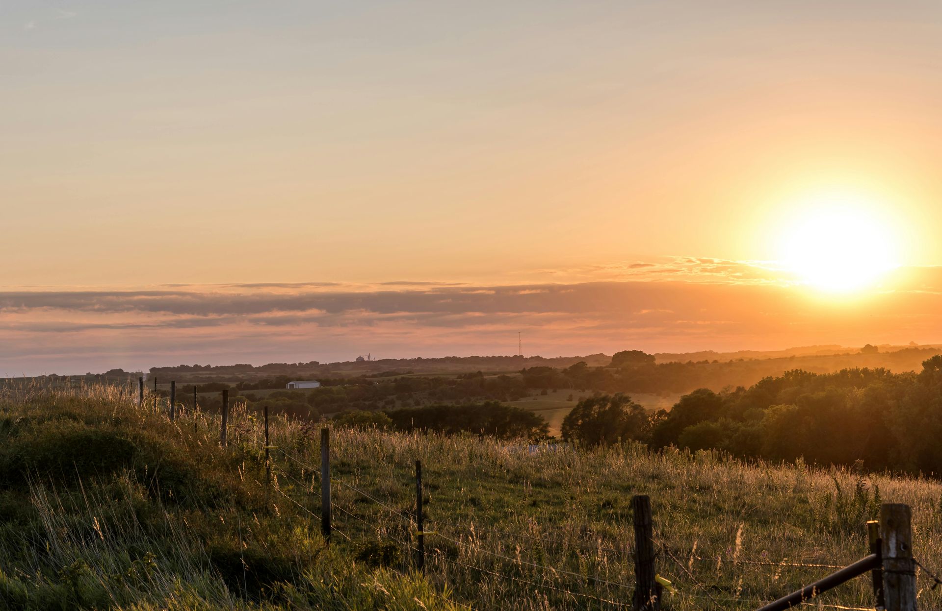 Sunset over a grassy field, fence in foreground, trees and distant buildings.