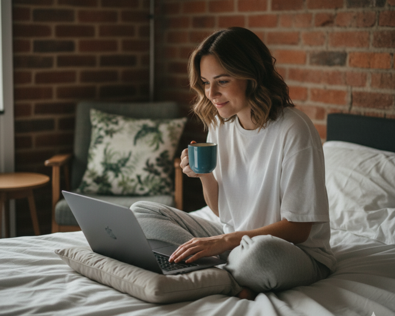 Femme assise sur un lit, utilisant un ordinateur portable, tenant une tasse, souriante. Fond de mur de briques.