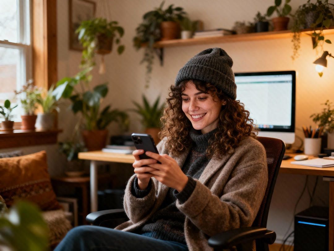 Une femme portant un bonnet sourit en regardant son téléphone, assise à un bureau entourée de plantes dans son bureau à domicile.