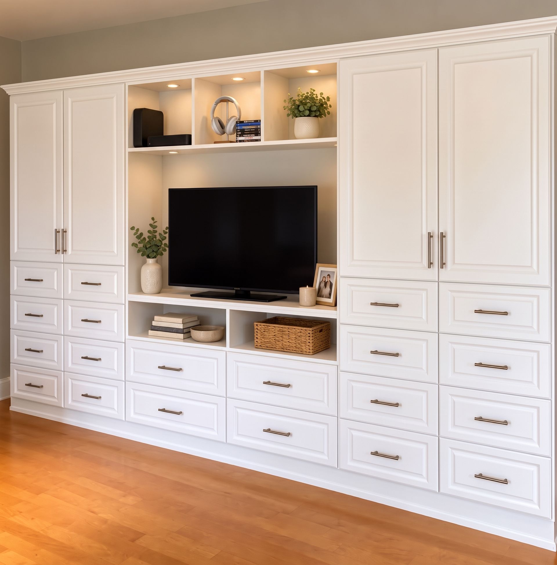 White built-in wall cabinet with shelves, drawers, and a TV nook in a room with hardwood floors.